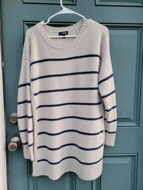 a.n.a. Women's Large  Cream Sweater with Navy Stripes Chunk Knit Tunic Sweater